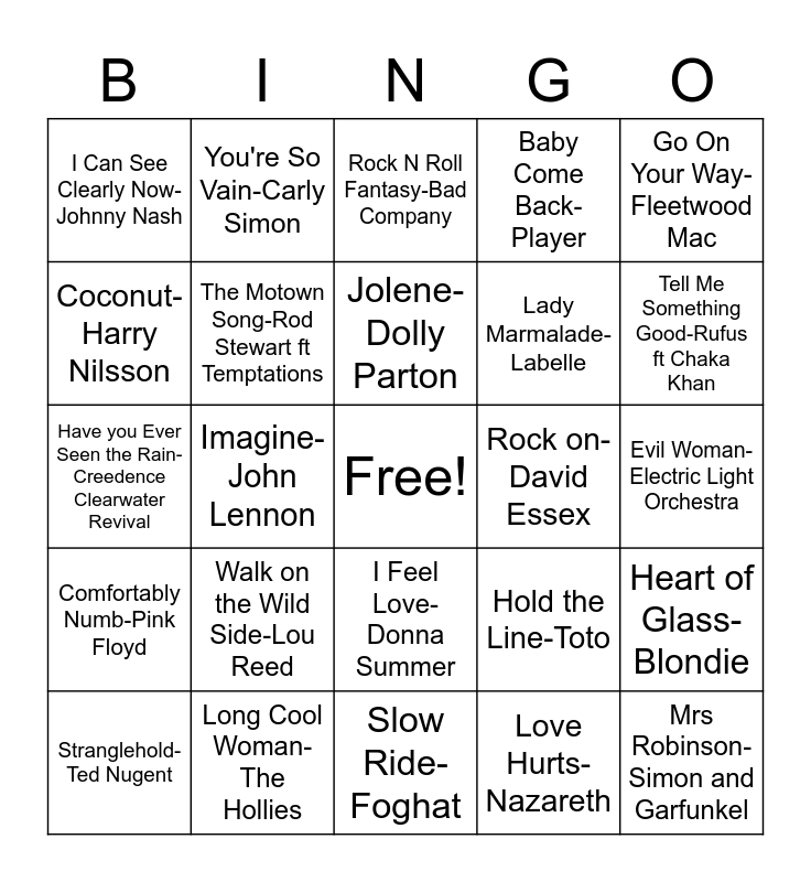 Straight 70's Bingo Card