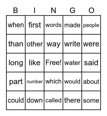 Vocab Bingo Card