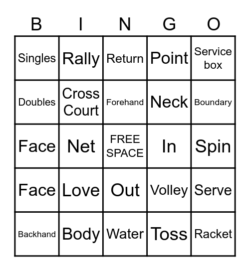 Tennis Bingo Card