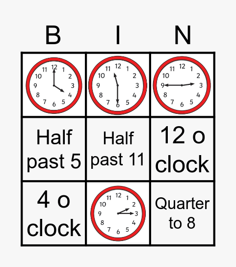 Analogue Clocks Bingo Card