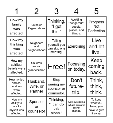 Recovery Bingo Card