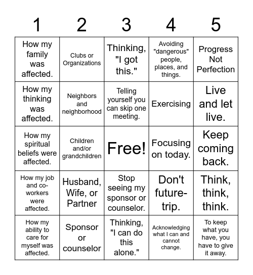 Recovery Bingo Card