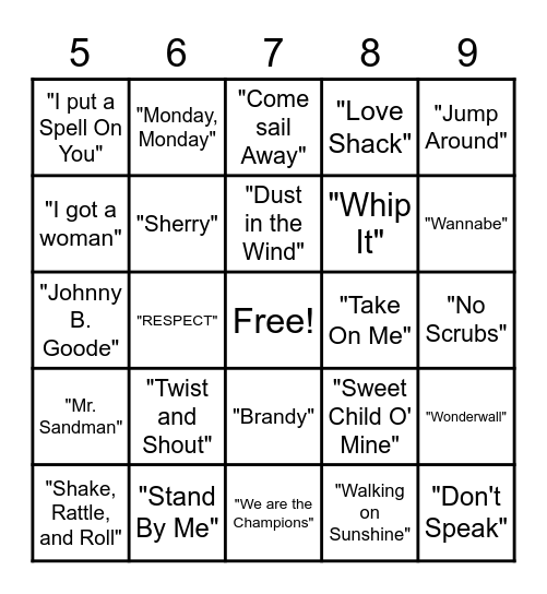 Decades Music Bingo Card