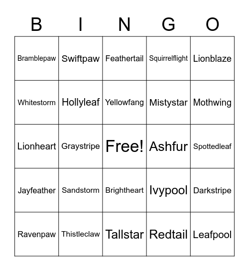 Warriors Cats Bingo Card