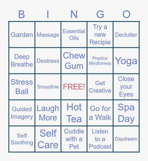 CMS Stress Relief Bingo Card