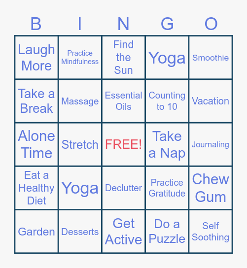 CMS Stress Relief Bingo Card