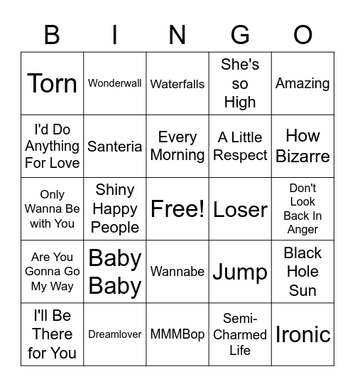 90s Part One Bingo Card