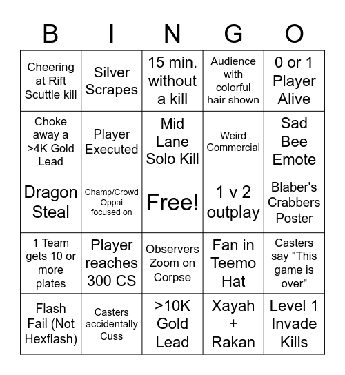 LCS Finals Weekend Bingo Card