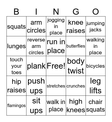 excersise bingo Card