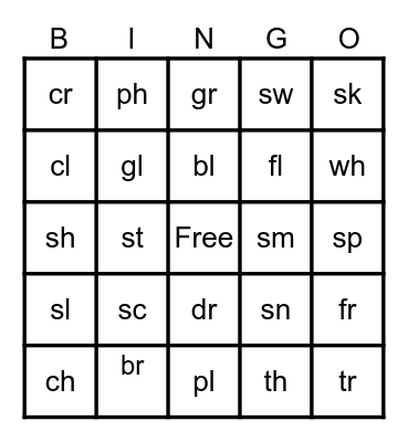 Blends and Digraphs Bingo Card