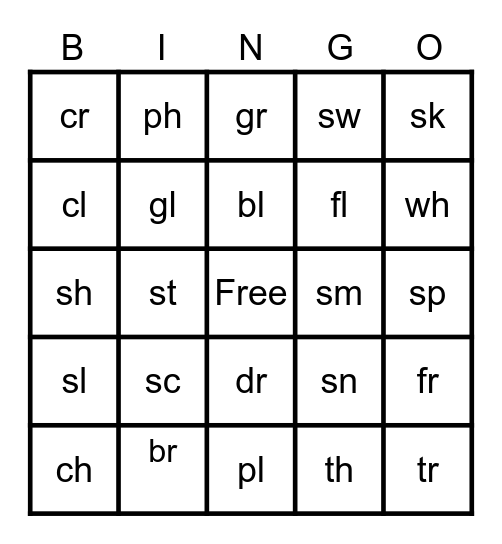 Blends and Digraphs Bingo Card