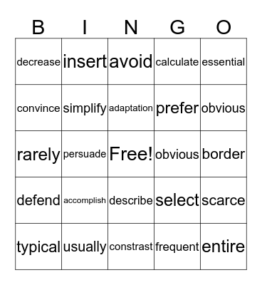 Vocabulary Bingo A Bingo Card