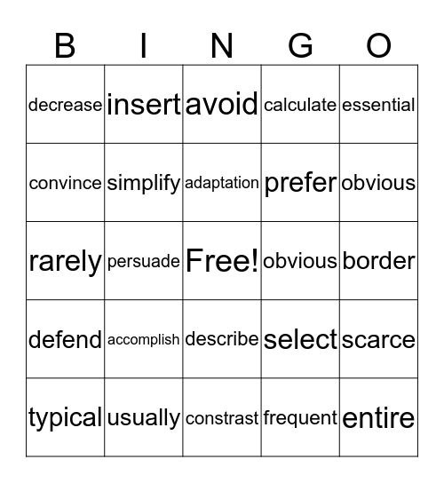 Vocabulary Bingo A Bingo Card