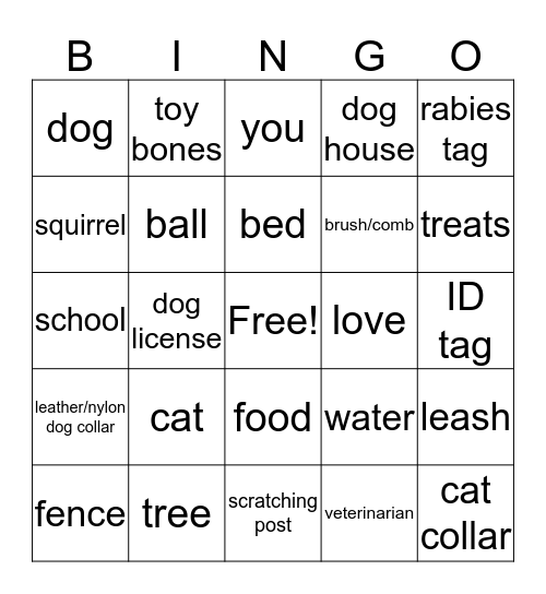 Pet Care Bingo Card