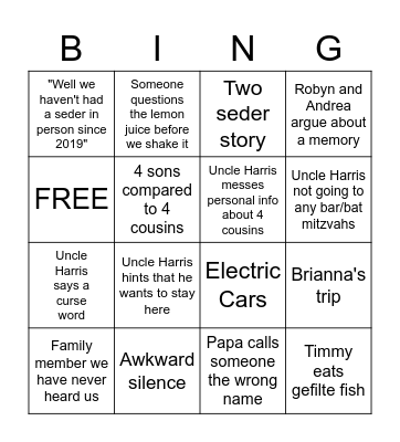 PASSOVER NIGHT 1 Bingo Card