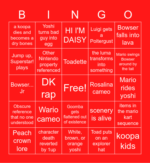 Super Mario Bros Super Movie Bingo Card