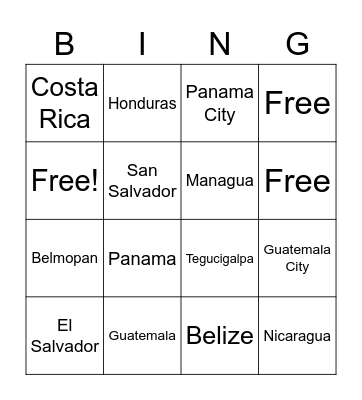 Capitals of Central America Bingo Card