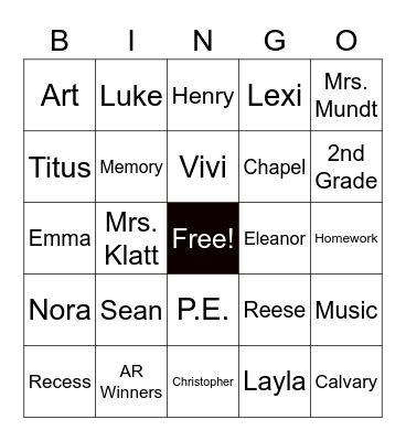 2nd Grade Bingo Card