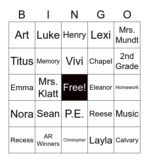 2nd Grade Bingo Card