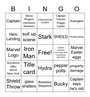 Captain America Civil War Bingo Card