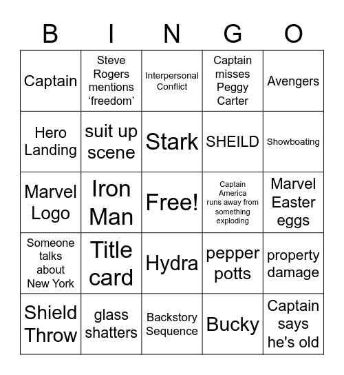Captain America Civil War Bingo Card