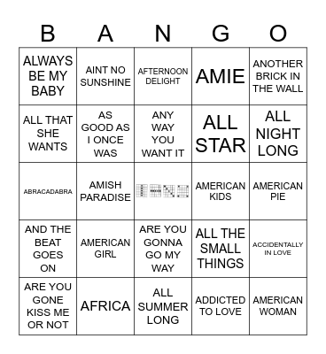 A Songs Bingo Card