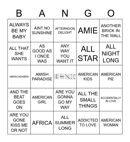 A Songs Bingo Card
