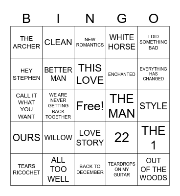Round Four: Taylor Swift Bingo Card