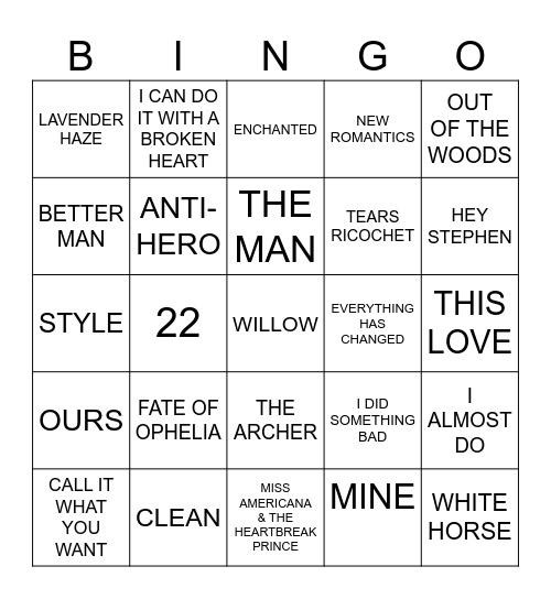 TAYLOR SWIFT Bingo Card