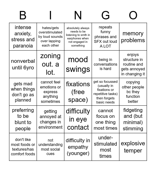 the mental illness board Bingo Card