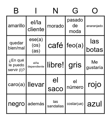 CH. 8 VAMOS DE COMPRAS Bingo Card