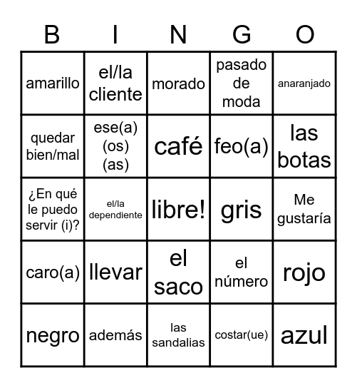 CH. 8 VAMOS DE COMPRAS Bingo Card