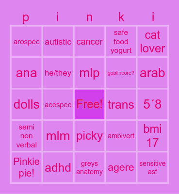 pinkie Bingo Card