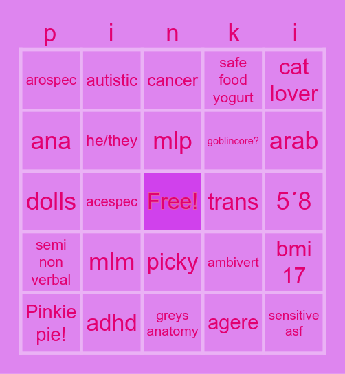 pinkie Bingo Card