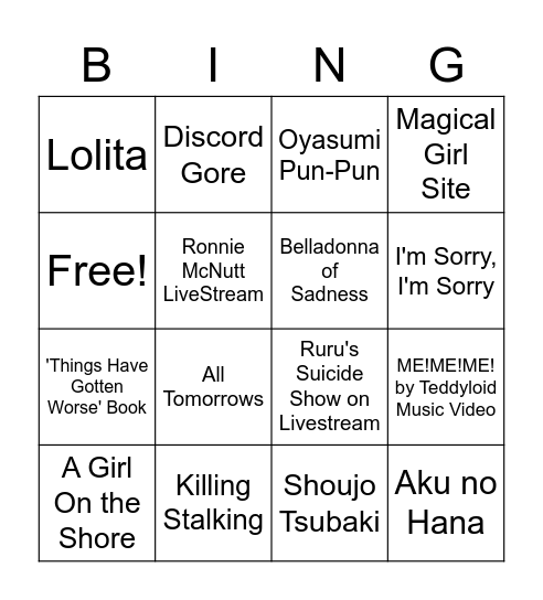 Dark/Disturbing??? Content Bingo Card