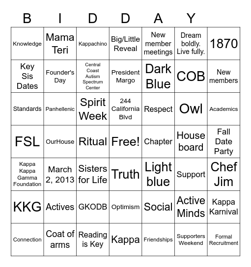 Kappa Kappa Gamma Bingo Card