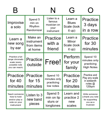 Spring Break Band Bingo Card