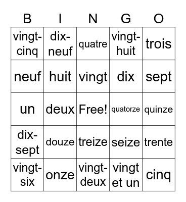 French Number BINGO Card