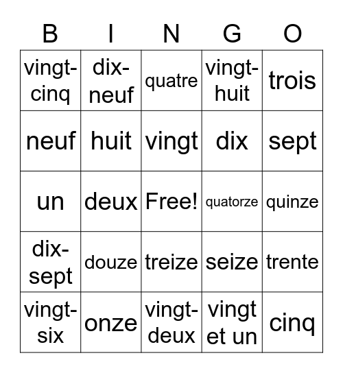 French Number BINGO Card