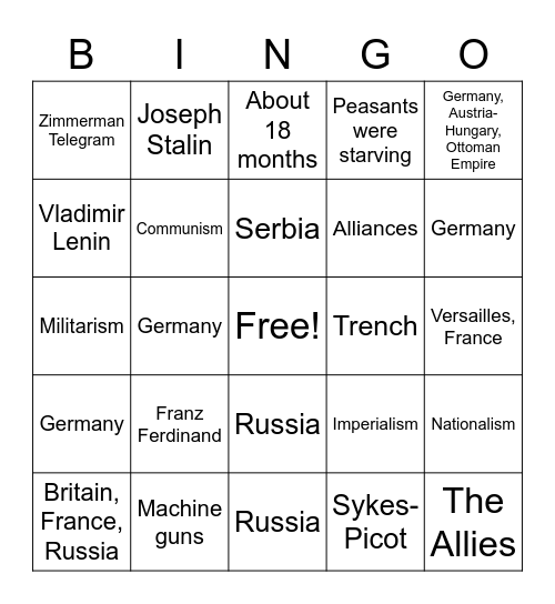 WWI Bingo Card