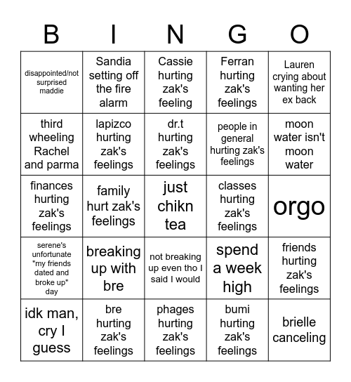 hurting zak's feelings Bingo Card