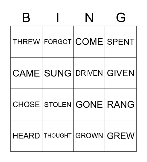 IRREGULAR VERBS Bingo Card