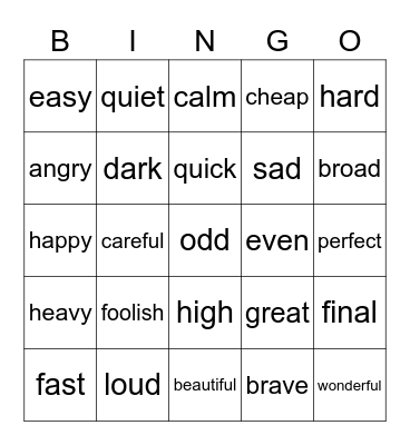 Adverb Bingo Card