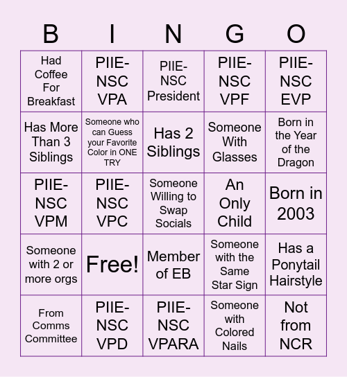 PIIE-NSC Human Bingo Card
