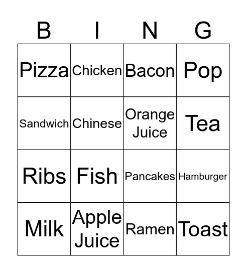 Food Bingo Card