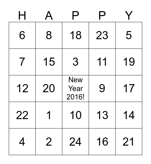 Year End Party 2016 Bingo Card