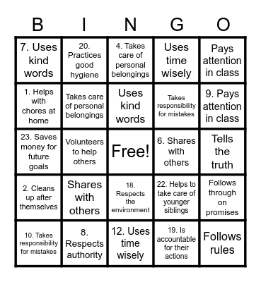 I am responsible Bingo Card