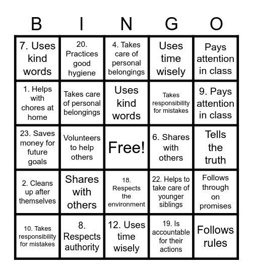I am responsible Bingo Card