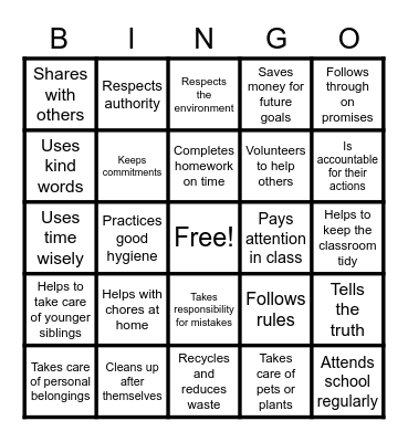 I am responsible Bingo Card