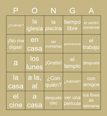 ¿Adónde vas?: vocabulario Bingo Card